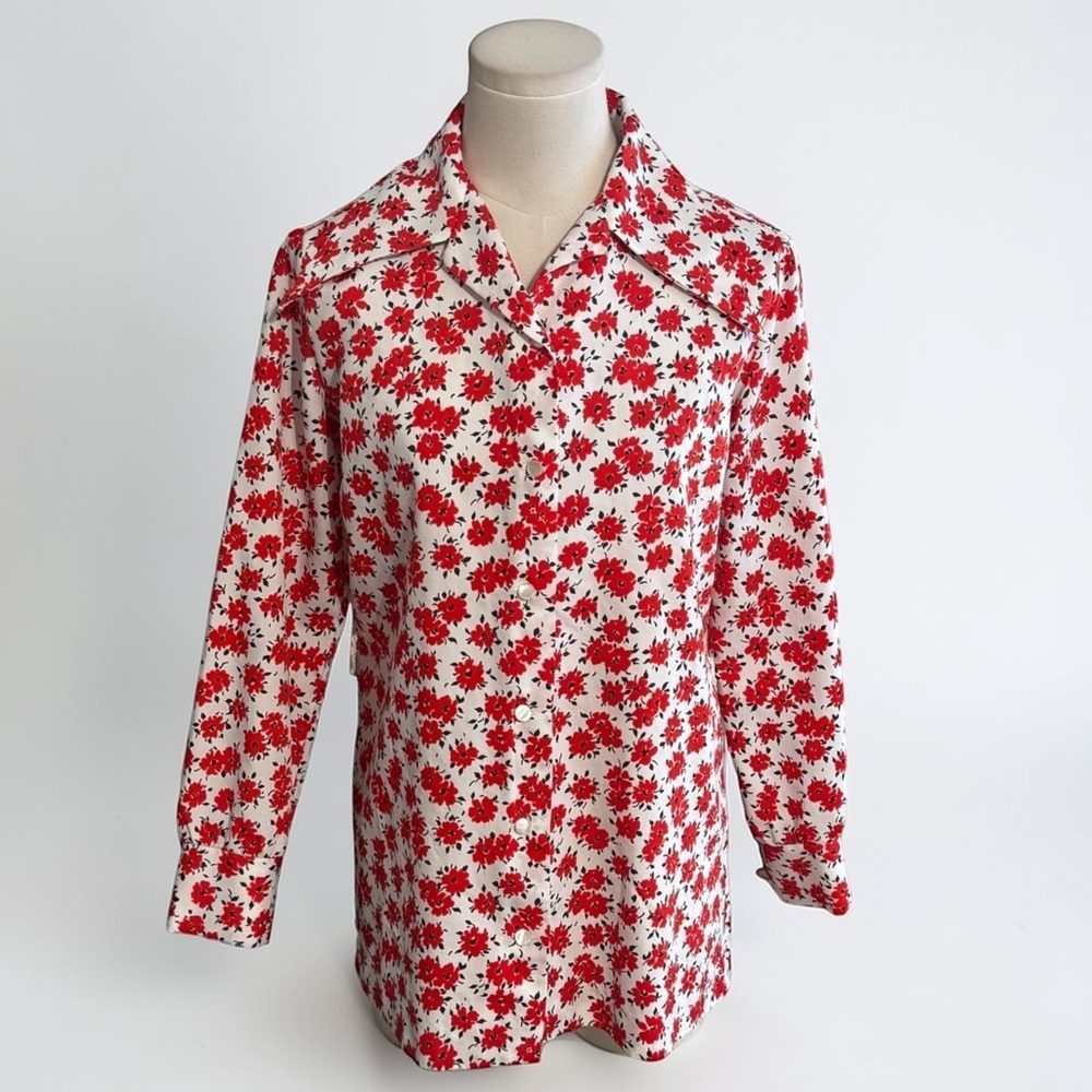 Vintage GRAFF 1970's Orange Long Sleeve Floral Hippie Button Down Shirt Top L M